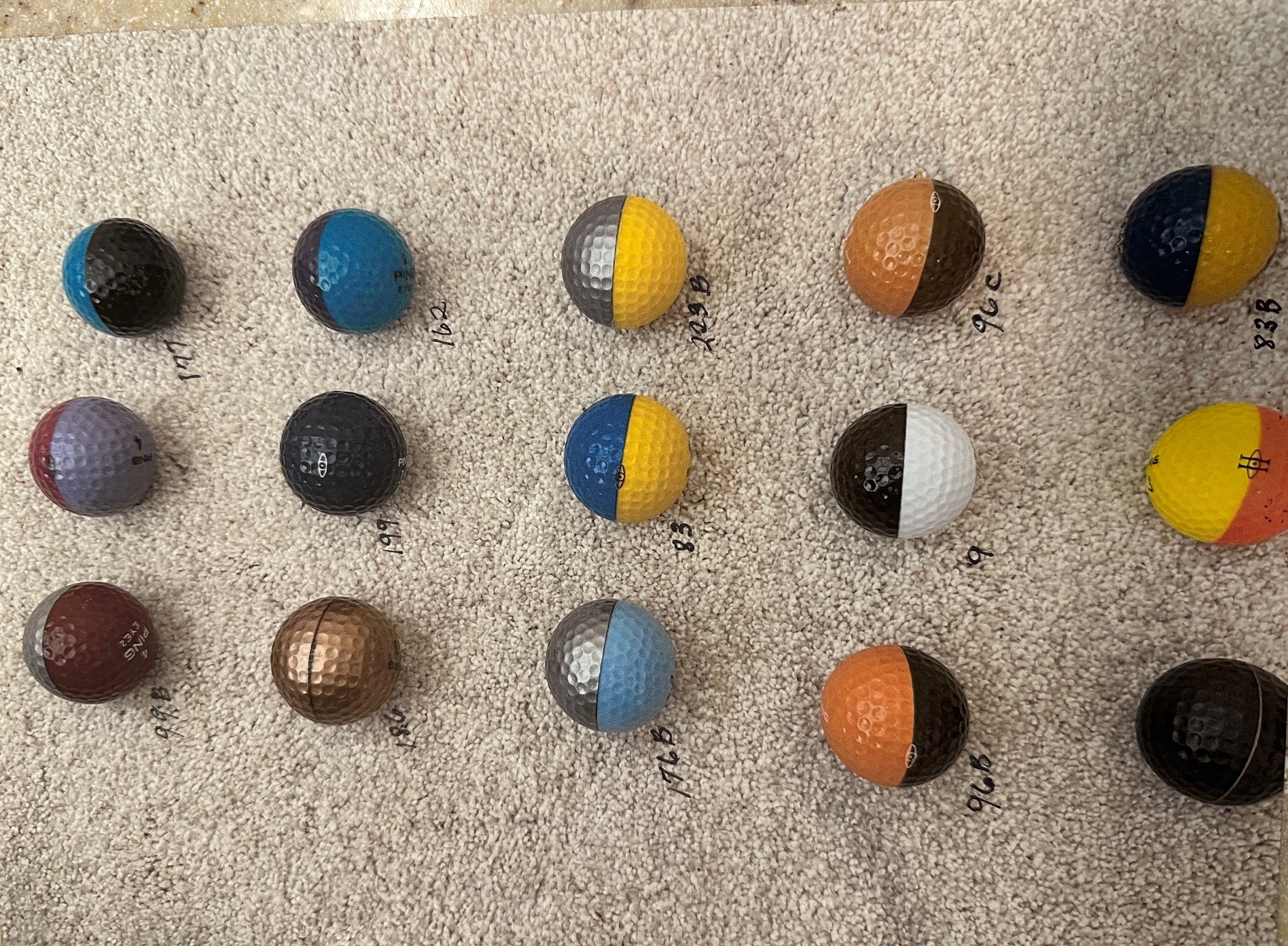 Ping golf balls catalog numbers in the 200s range showing rare color combinations