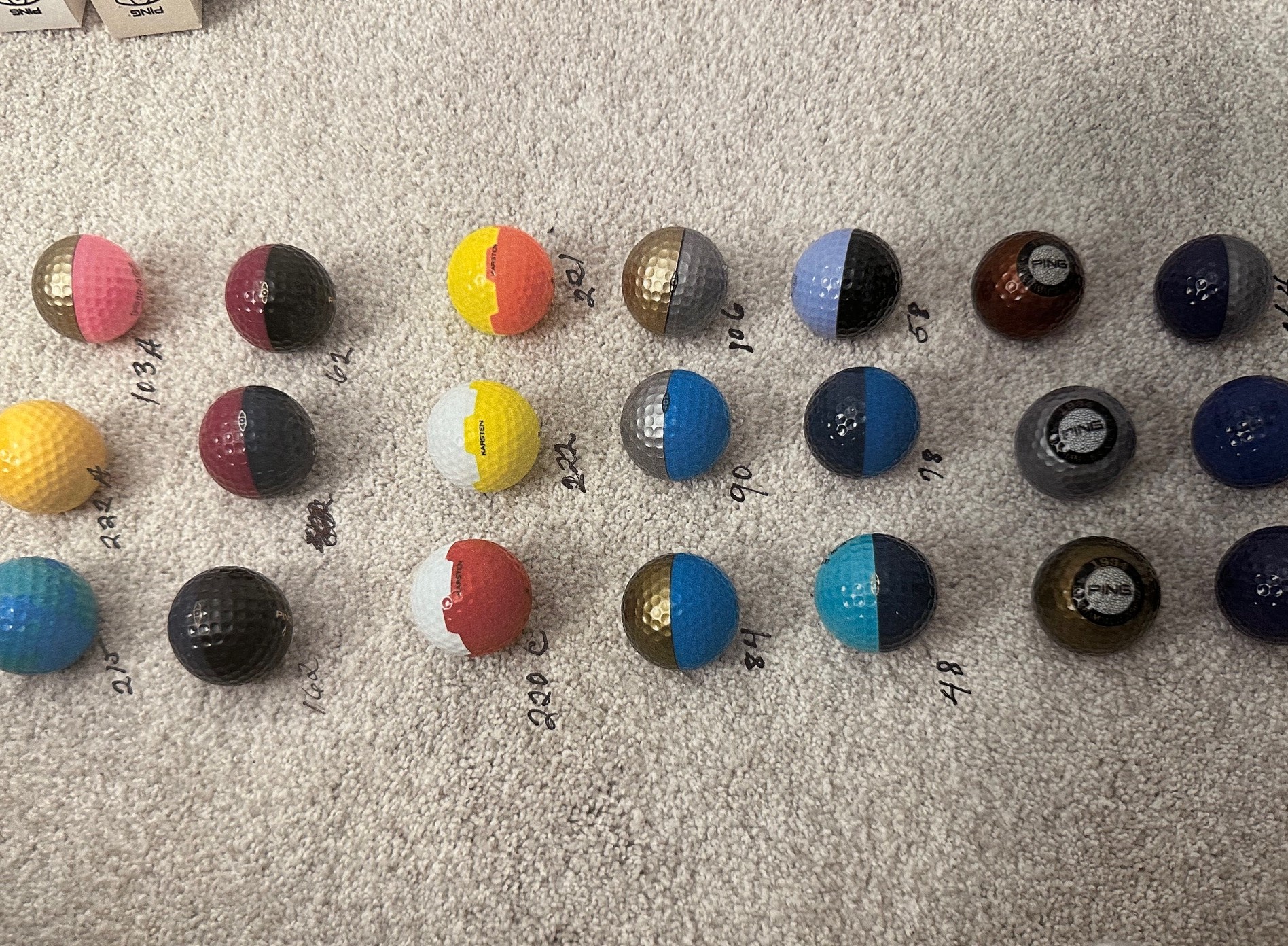 Additional Ping golf balls with catalog numbers showing various two-tone combinations